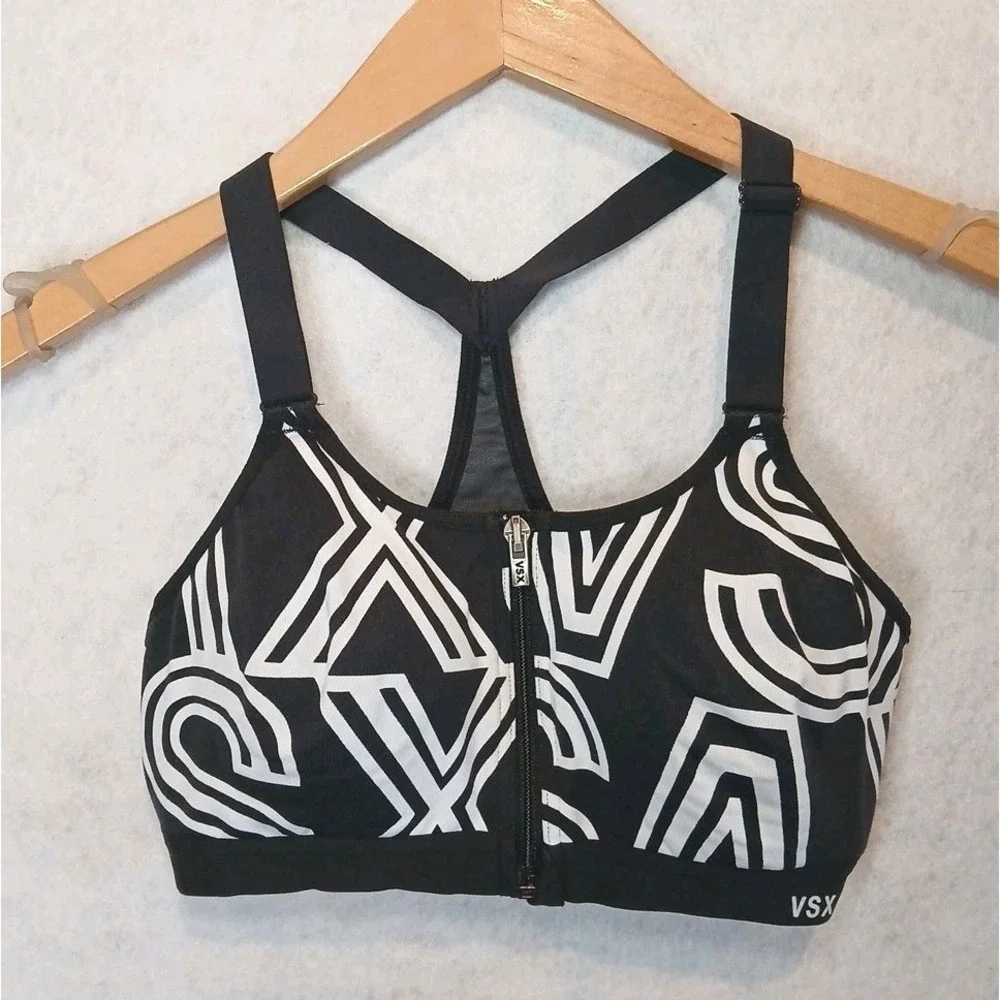 Victoria Sport Bra VSX B‎ Wireless Front Zip Geometric Print Size 32C VS